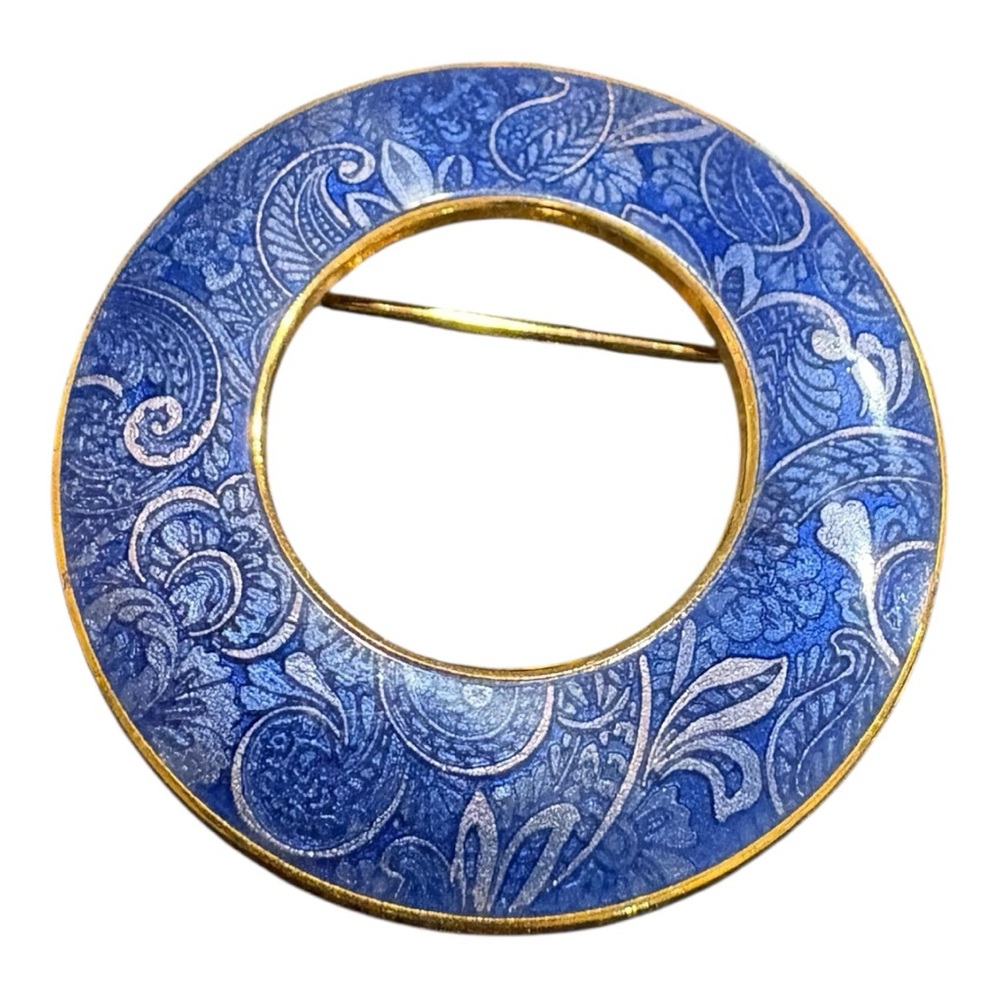 Vintage Blue Enamel Paisley Circle Brooch Pin